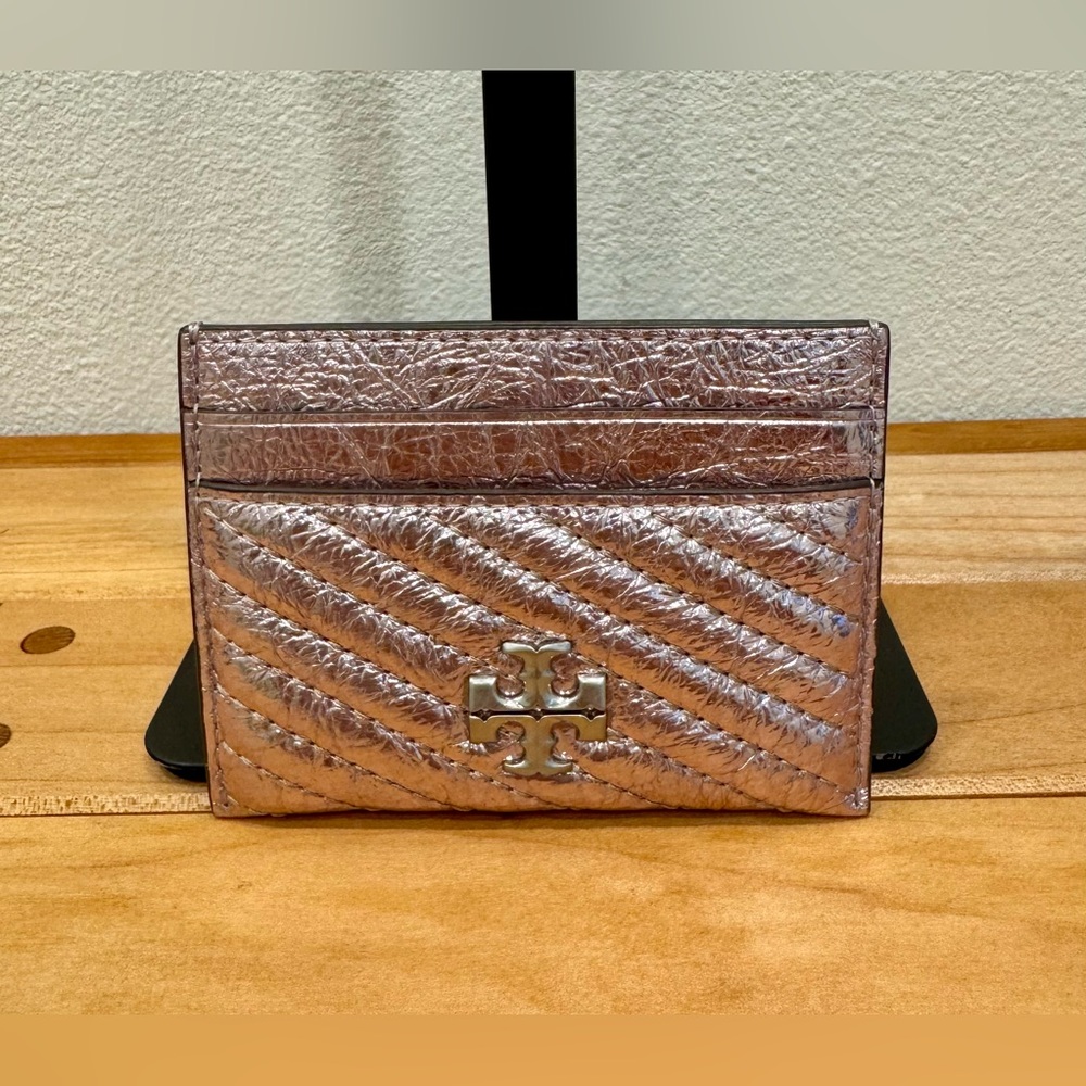 Tory Burch Kira Moto Metallic Pink Quilted Leather Card Case NWT